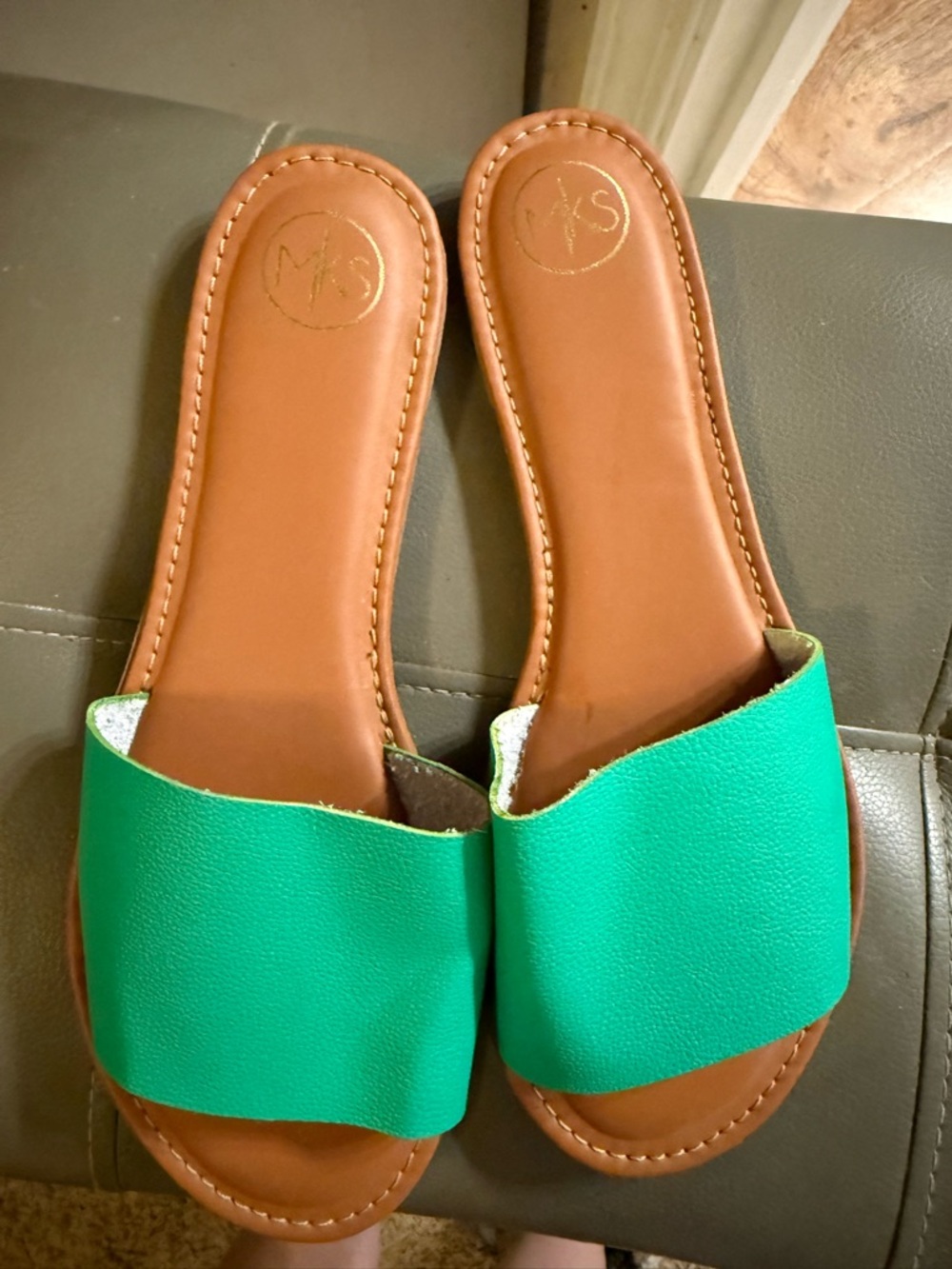 Green Slide Sandals with Tan Footbed - Women's Casual Slides